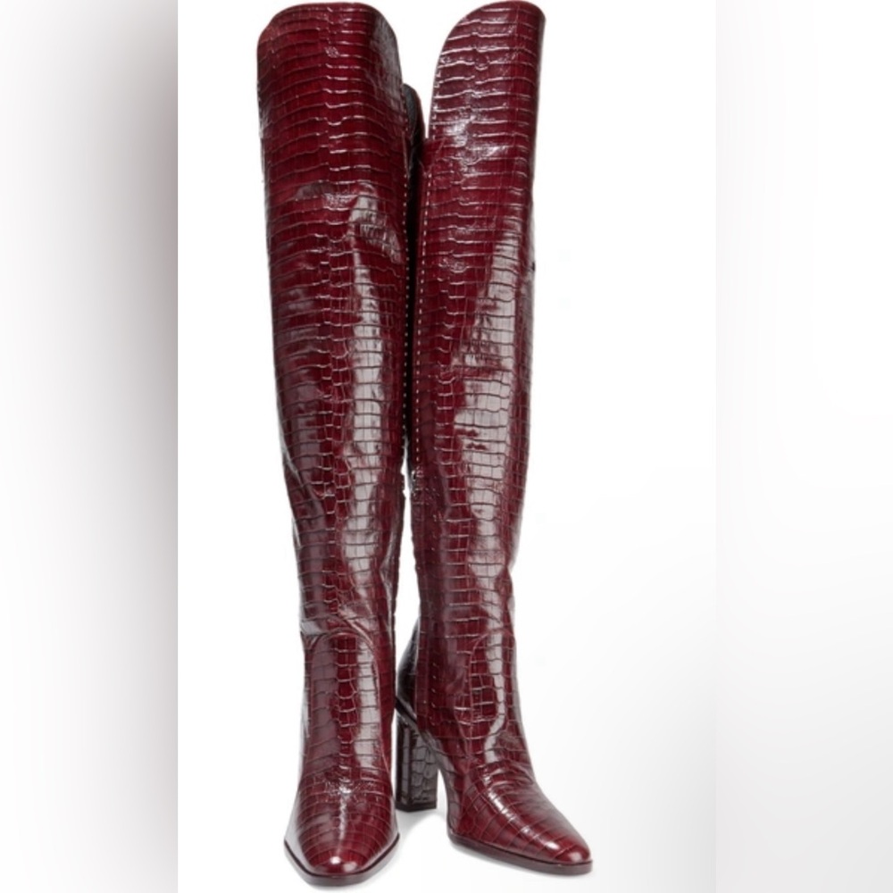 MaxMara Over the Knee Croc Heeled Boots - Burgundy